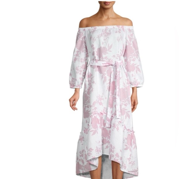 Saks Fifth Avenue Floral Pink and White Belted Linen Sundress - Picture 1 of 6